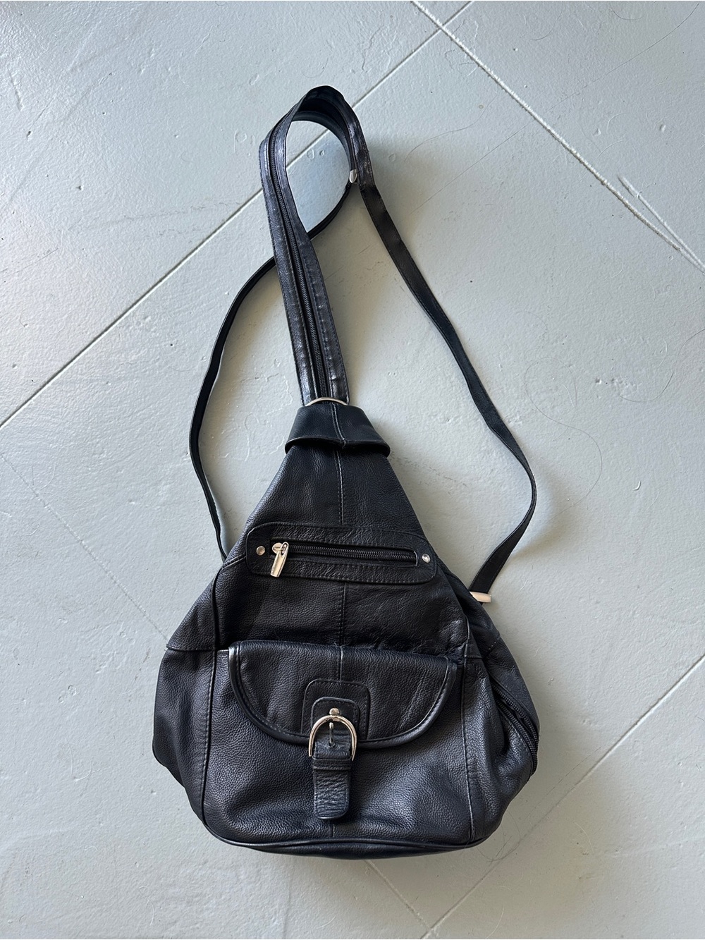 Black Leather Crossbody Sling Bag back pack - Classic Casual